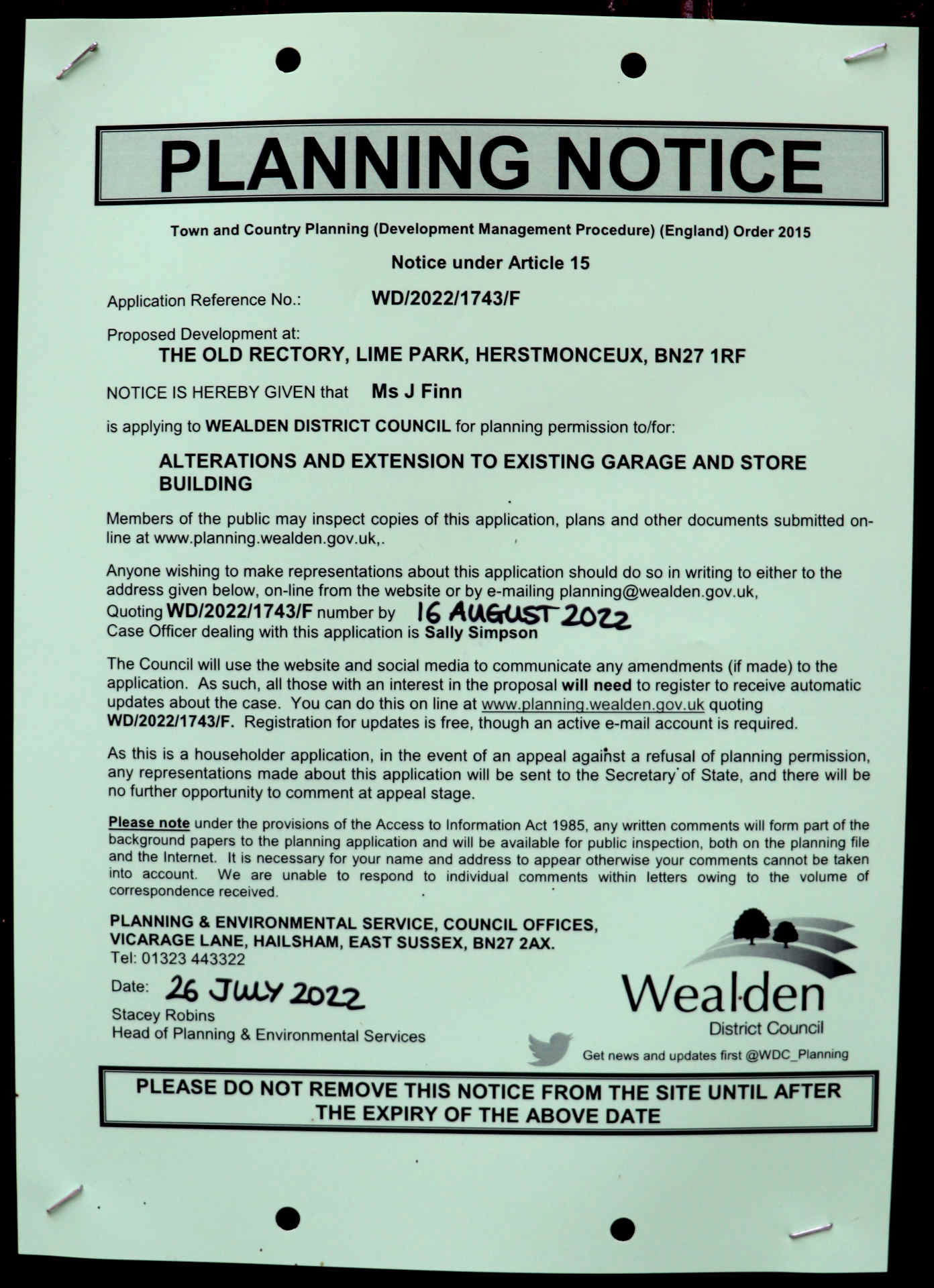 Planning Notice 26 July 2022, The Old Rectory, Herstmonceux, Wealden District Council