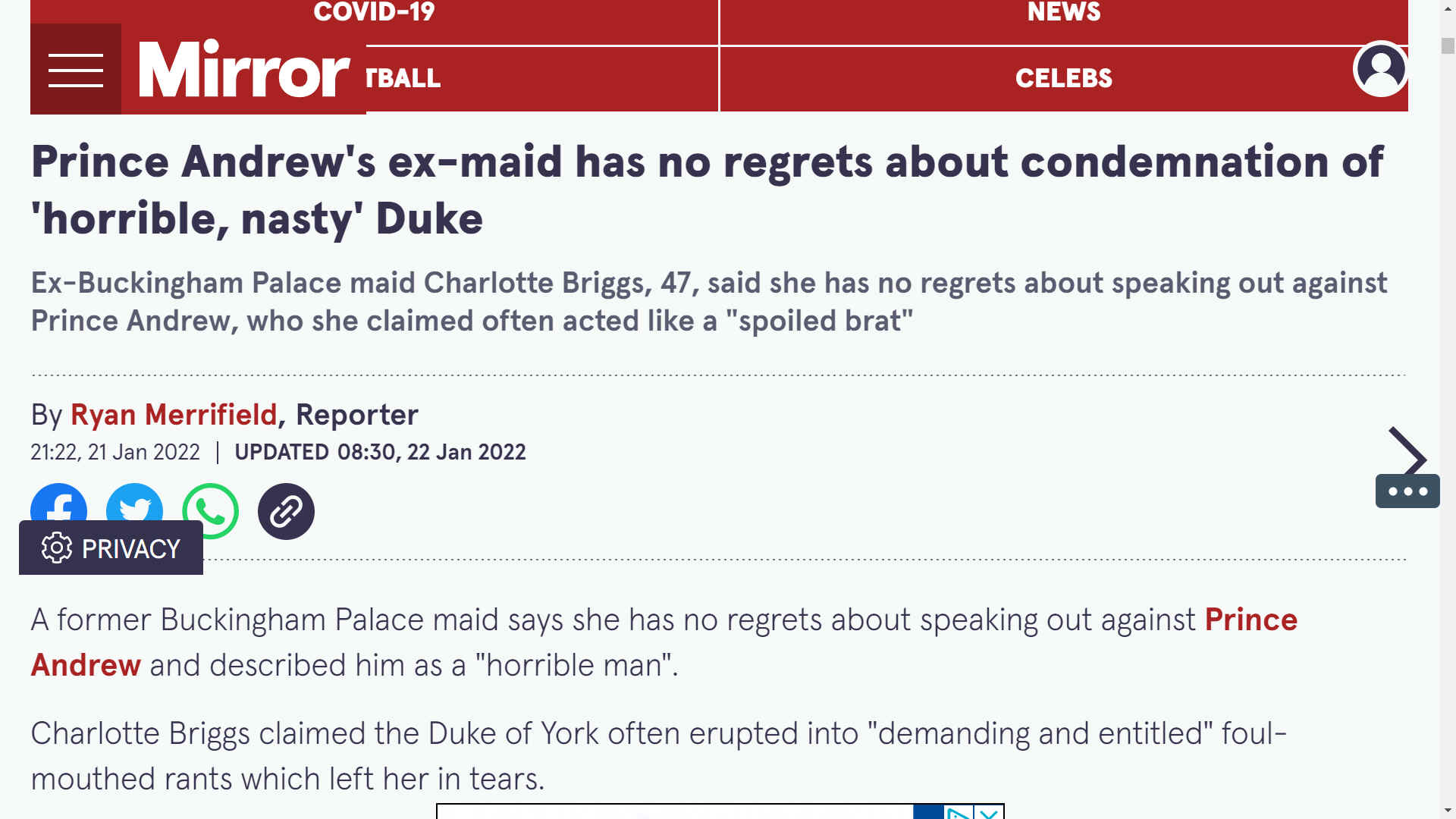 Buckingham Palace maid, Charlotte Briggs, says Duke of York was nasty spoiled brat